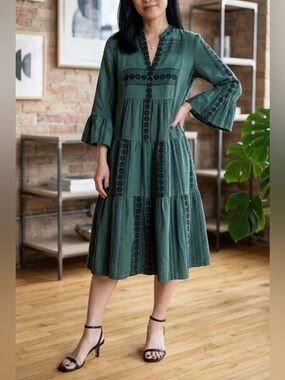 Uncle Frank embroidered tiered midi dress 3/4 sleeves cotton green M